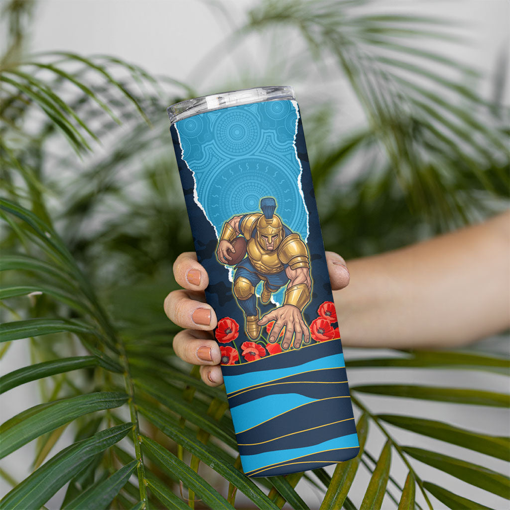 Personalized Gold Coast Titans ANZAC Tribute Skinny Tumbler Poppy Field Soldier Silhouette Aboriginal Rugby Mascot