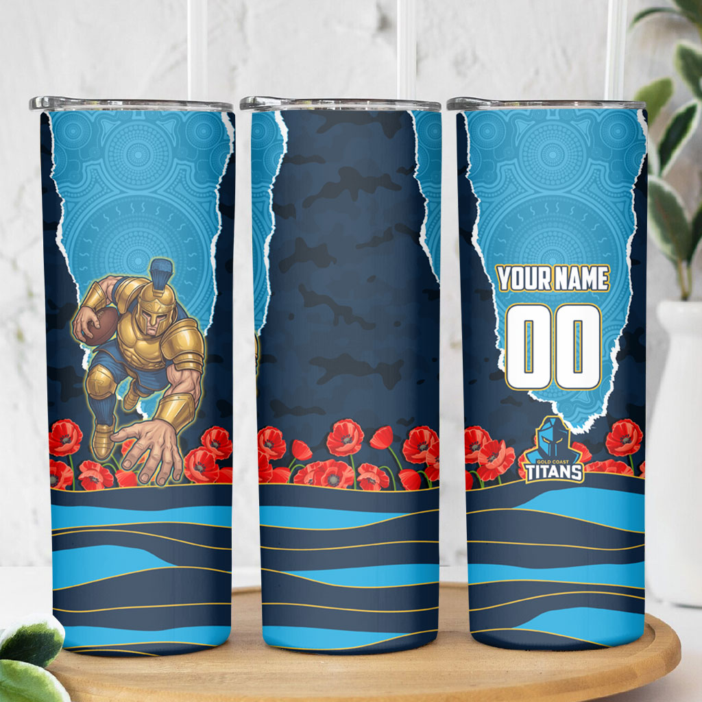Personalized Gold Coast Titans ANZAC Tribute Skinny Tumbler Poppy Field Soldier Silhouette Aboriginal Rugby Mascot