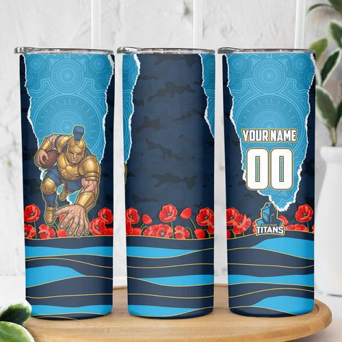 Personalized Gold Coast Titans ANZAC Tribute Skinny Tumbler Poppy Field Soldier Silhouette Aboriginal Rugby Mascot