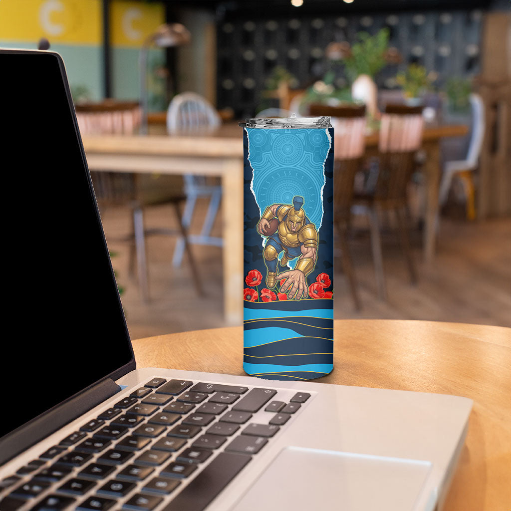 Personalized Gold Coast Titans ANZAC Tribute Skinny Tumbler Poppy Field Soldier Silhouette Aboriginal Rugby Mascot
