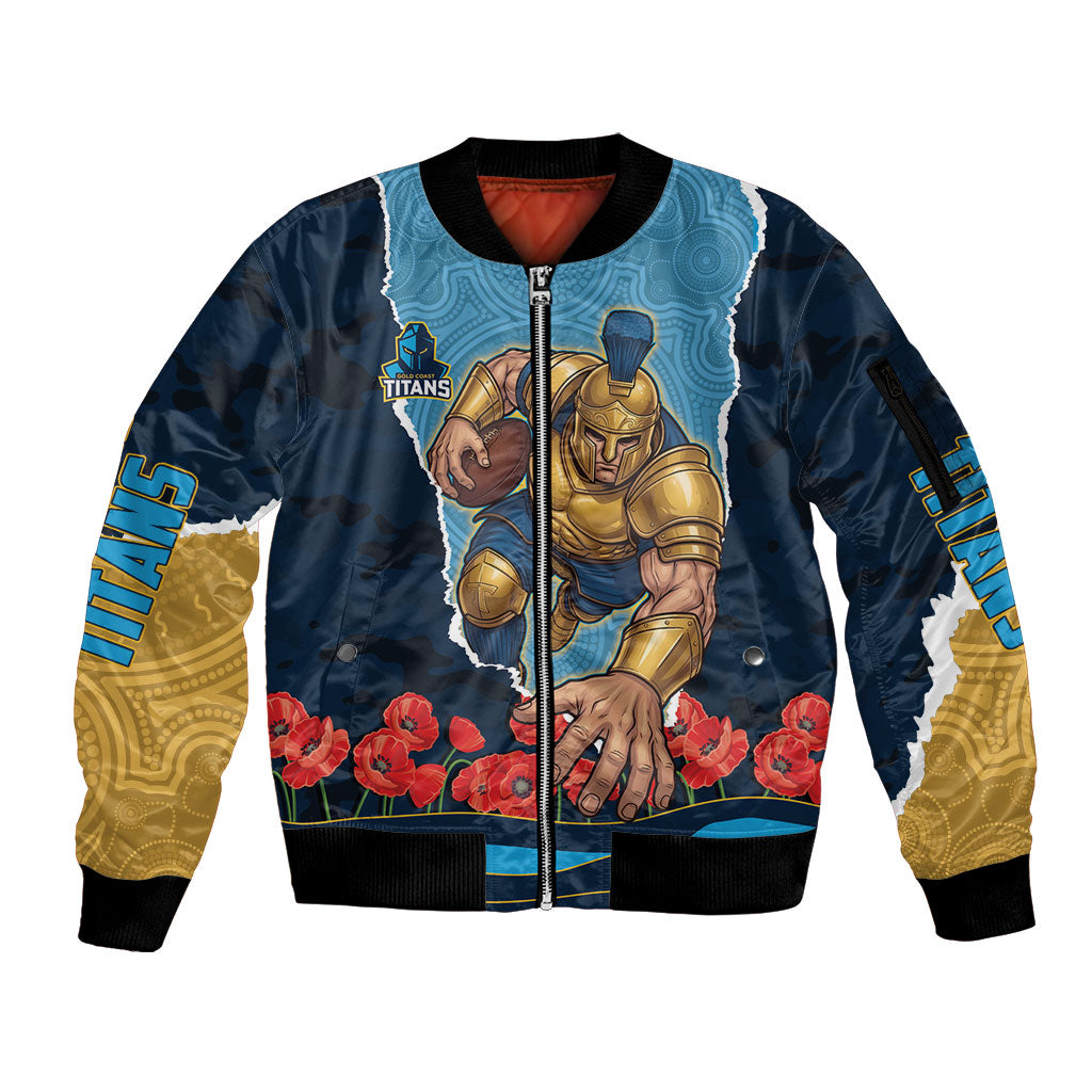 Personalized Gold Coast Titans ANZAC Tribute Sleeve Zip Bomber Jacket Poppy Field Soldier Silhouette Aboriginal Rugby Mascot