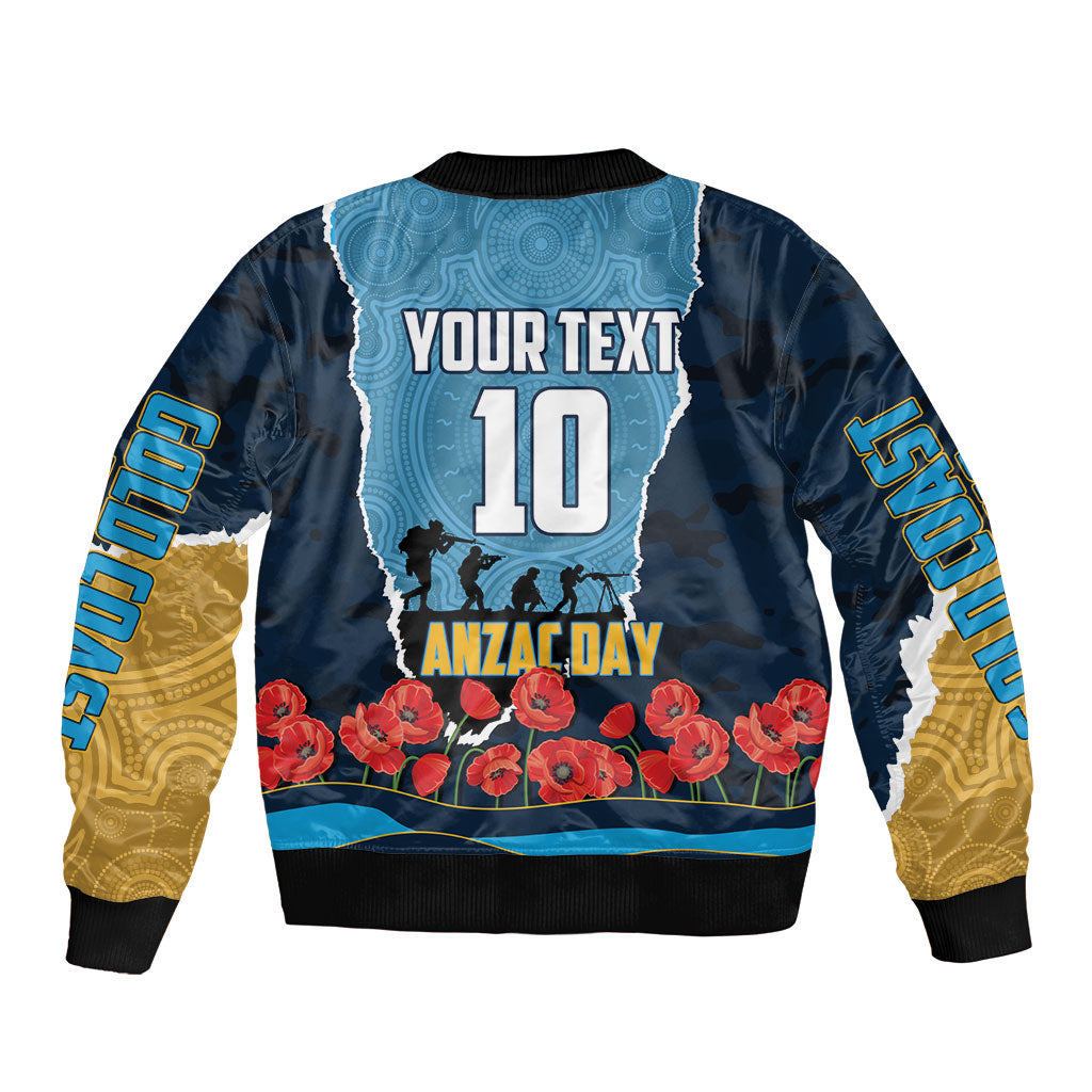 Personalized Gold Coast Titans ANZAC Tribute Sleeve Zip Bomber Jacket Poppy Field Soldier Silhouette Aboriginal Rugby Mascot