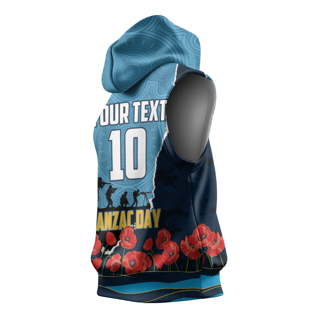 Personalized Gold Coast Titans ANZAC Tribute Sleeveless Hoodie Poppy Field Soldier Silhouette Aboriginal Rugby Mascot
