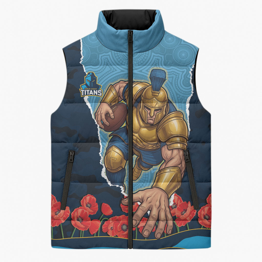 Personalized Gold Coast Titans ANZAC Tribute Sleeveless Puffer Jacket Poppy Field Soldier Silhouette Aboriginal Rugby Mascot