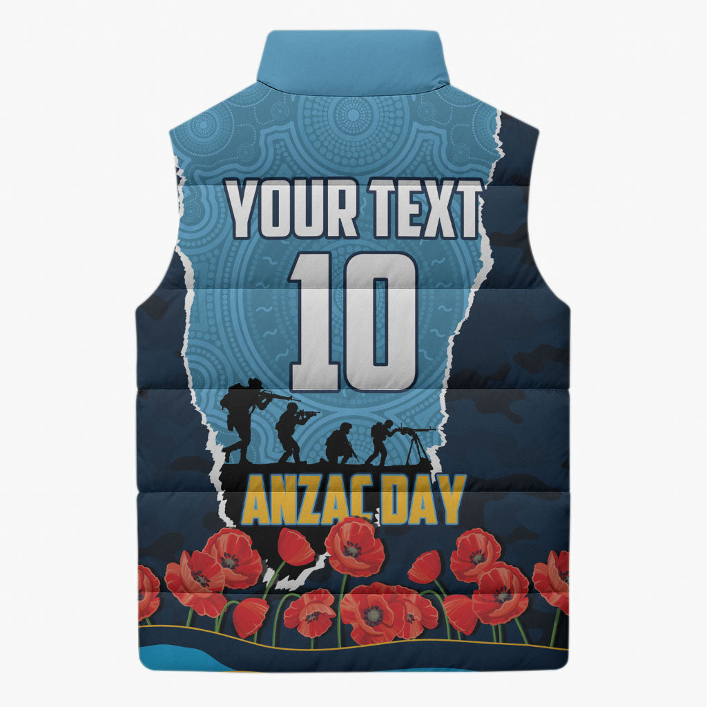 Personalized Gold Coast Titans ANZAC Tribute Sleeveless Puffer Jacket Poppy Field Soldier Silhouette Aboriginal Rugby Mascot