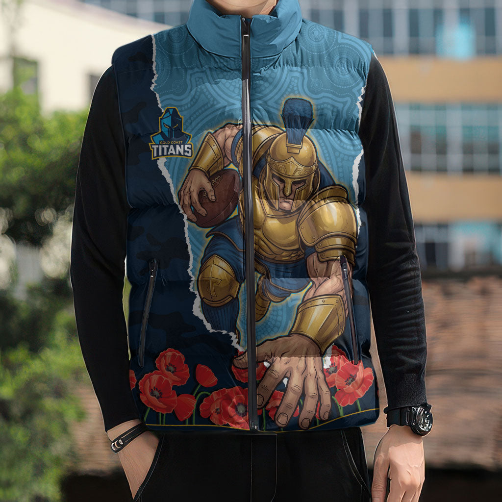 Personalized Gold Coast Titans ANZAC Tribute Sleeveless Puffer Jacket Poppy Field Soldier Silhouette Aboriginal Rugby Mascot