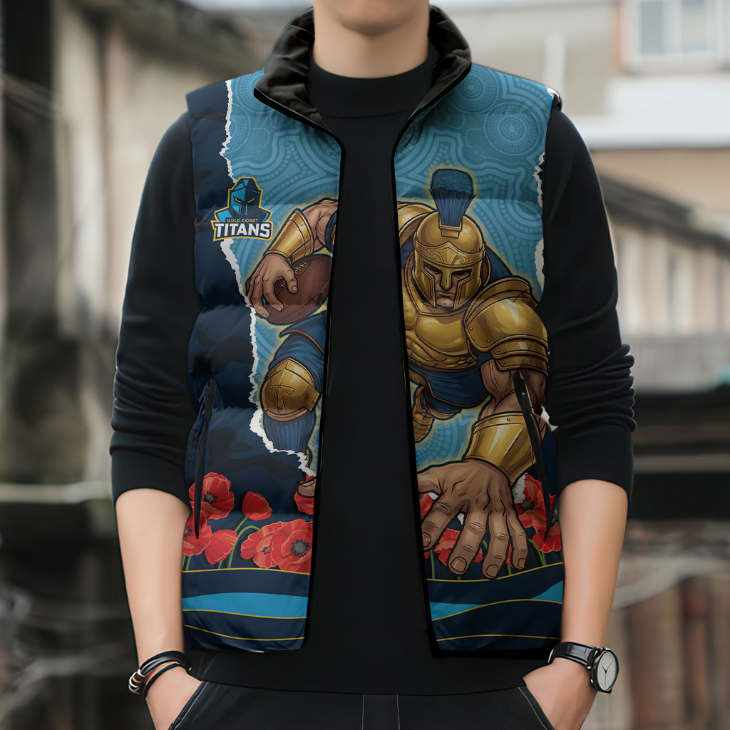 Personalized Gold Coast Titans ANZAC Tribute Sleeveless Puffer Jacket Poppy Field Soldier Silhouette Aboriginal Rugby Mascot