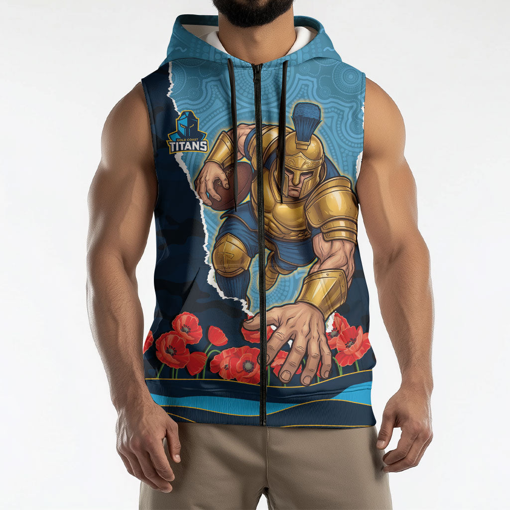 Personalized Gold Coast Titans ANZAC Tribute Sleeveless Zip Hoodie Poppy Field Soldier Silhouette Aboriginal Rugby Mascot