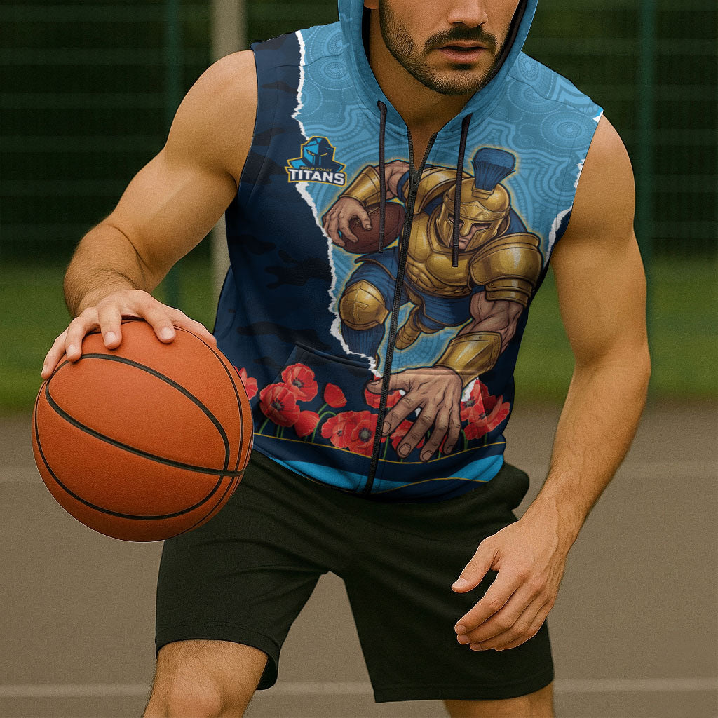 Personalized Gold Coast Titans ANZAC Tribute Sleeveless Zip Hoodie Poppy Field Soldier Silhouette Aboriginal Rugby Mascot