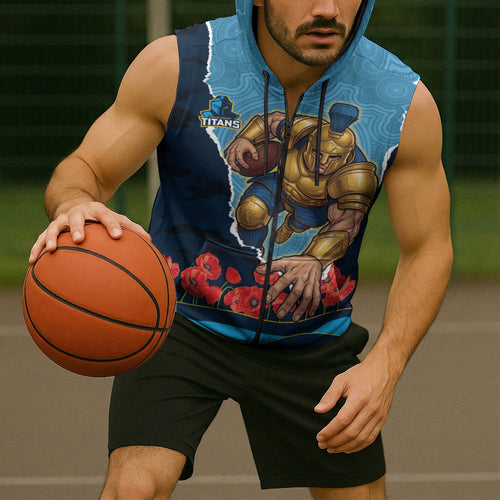 Personalized Gold Coast Titans ANZAC Tribute Sleeveless Zip Hoodie Poppy Field Soldier Silhouette Aboriginal Rugby Mascot