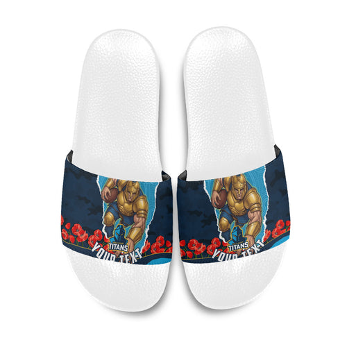 Personalized Gold Coast Titans ANZAC Tribute Slide Sandals Poppy Field Soldier Silhouette Aboriginal Rugby Mascot