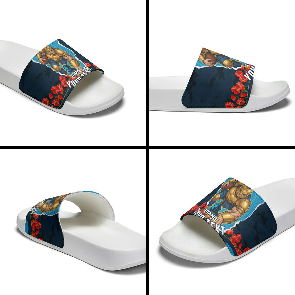 Personalized Gold Coast Titans ANZAC Tribute Slide Sandals Poppy Field Soldier Silhouette Aboriginal Rugby Mascot