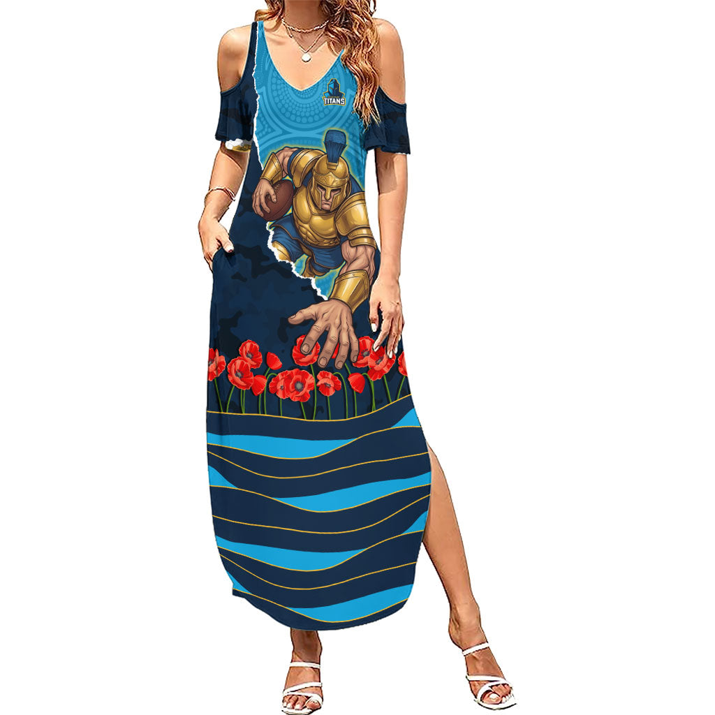 Personalized Gold Coast Titans ANZAC Tribute Summer Maxi Dress Poppy Field Soldier Silhouette Aboriginal Rugby Mascot