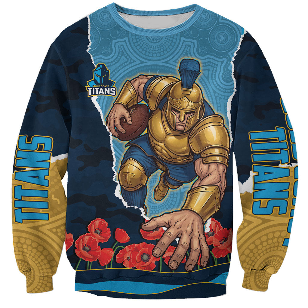 Personalized Gold Coast Titans ANZAC Tribute Sweatshirt Poppy Field Soldier Silhouette Aboriginal Rugby Mascot