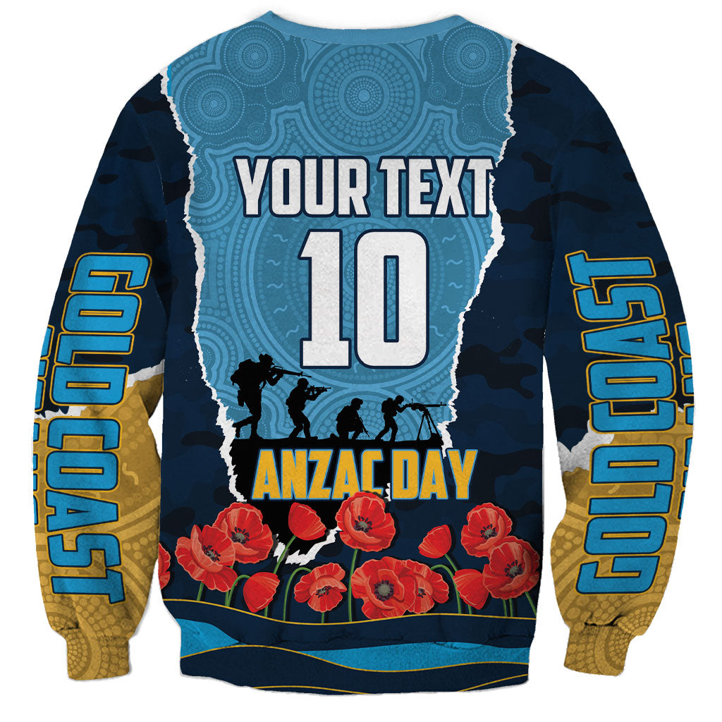 Personalized Gold Coast Titans ANZAC Tribute Sweatshirt Poppy Field Soldier Silhouette Aboriginal Rugby Mascot