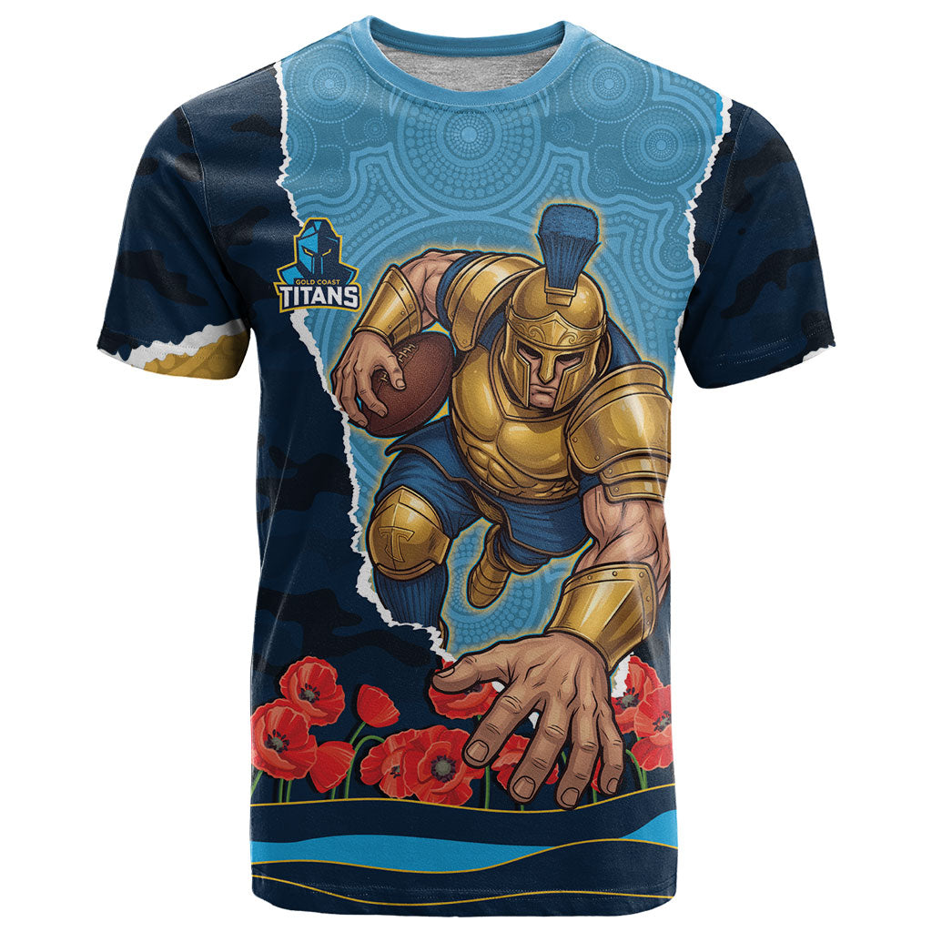 Personalized Gold Coast Titans ANZAC Tribute T Shirt Poppy Field Soldier Silhouette Aboriginal Rugby Mascot