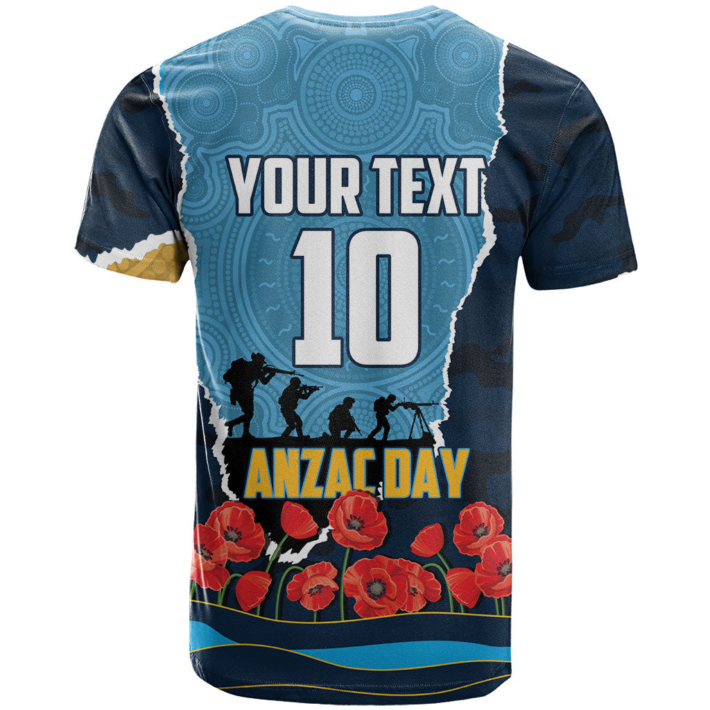 Personalized Gold Coast Titans ANZAC Tribute T Shirt Poppy Field Soldier Silhouette Aboriginal Rugby Mascot