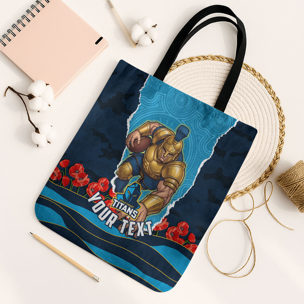 Personalized Gold Coast Titans ANZAC Tribute Tote Bag Poppy Field Soldier Silhouette Aboriginal Rugby Mascot