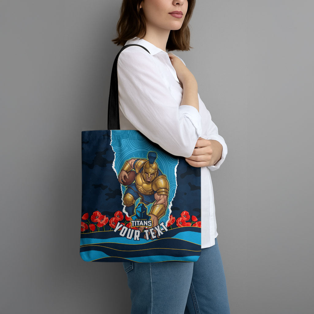Personalized Gold Coast Titans ANZAC Tribute Tote Bag Poppy Field Soldier Silhouette Aboriginal Rugby Mascot