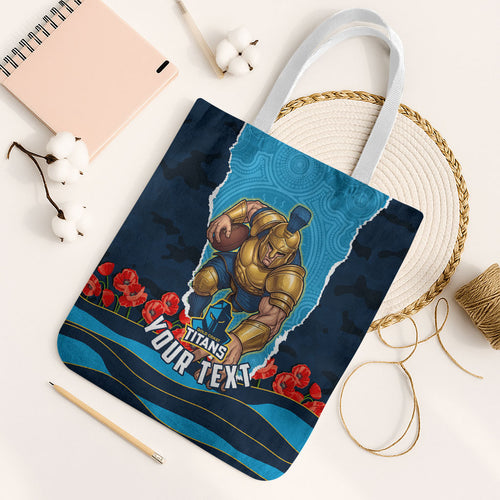 Personalized Gold Coast Titans ANZAC Tribute Tote Bag Poppy Field Soldier Silhouette Aboriginal Rugby Mascot