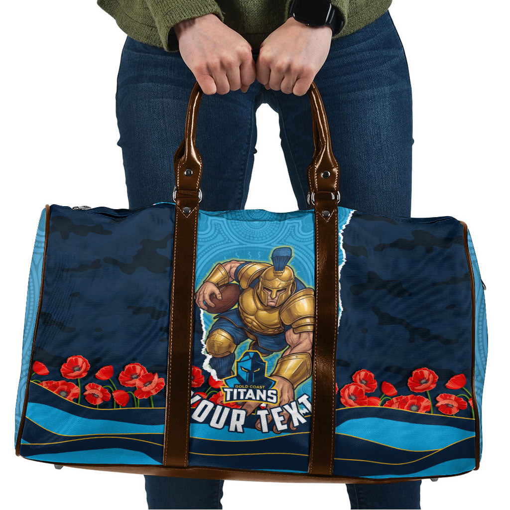 Personalized Gold Coast Titans ANZAC Tribute Travel Bag Poppy Field Soldier Silhouette Aboriginal Rugby Mascot