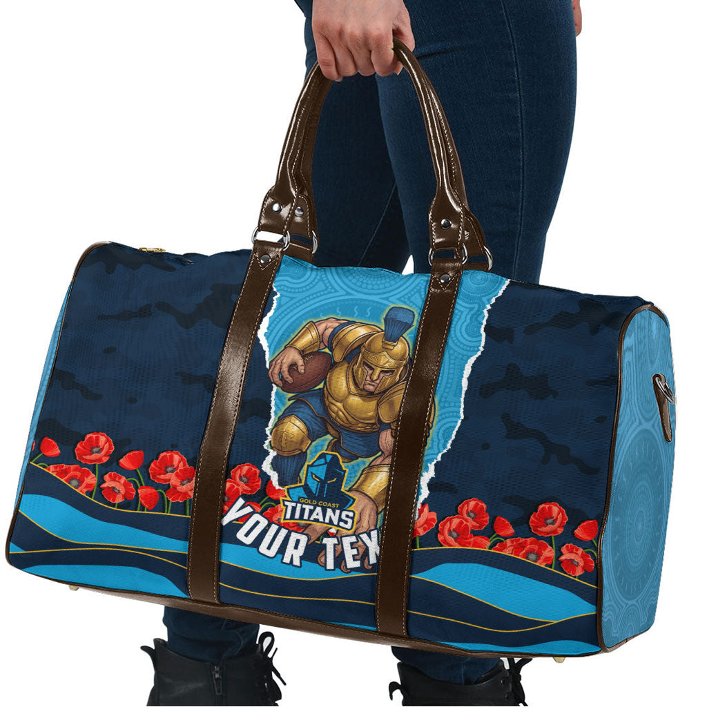 Personalized Gold Coast Titans ANZAC Tribute Travel Bag Poppy Field Soldier Silhouette Aboriginal Rugby Mascot