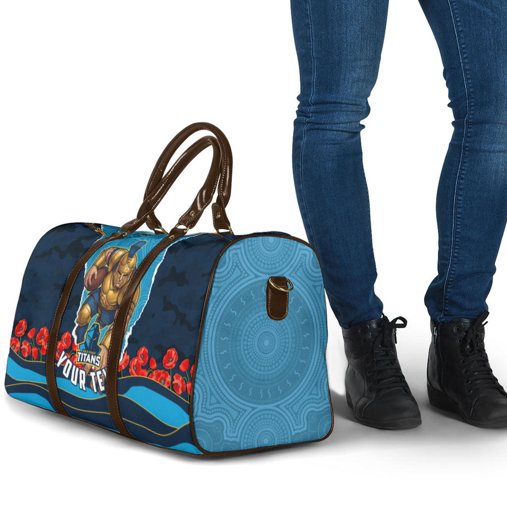 Personalized Gold Coast Titans ANZAC Tribute Travel Bag Poppy Field Soldier Silhouette Aboriginal Rugby Mascot