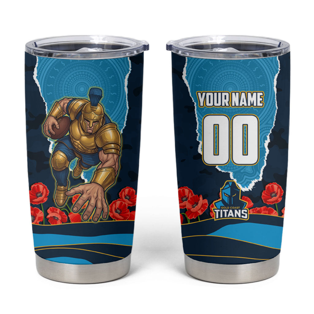 Personalized Gold Coast Titans ANZAC Tribute Tumbler Cup Poppy Field Soldier Silhouette Aboriginal Rugby Mascot