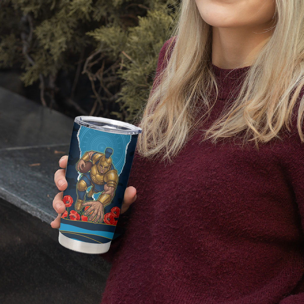 Personalized Gold Coast Titans ANZAC Tribute Tumbler Cup Poppy Field Soldier Silhouette Aboriginal Rugby Mascot