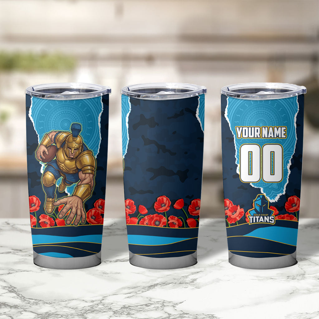 Personalized Gold Coast Titans ANZAC Tribute Tumbler Cup Poppy Field Soldier Silhouette Aboriginal Rugby Mascot