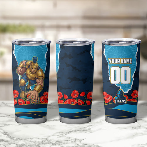 Personalized Gold Coast Titans ANZAC Tribute Tumbler Cup Poppy Field Soldier Silhouette Aboriginal Rugby Mascot