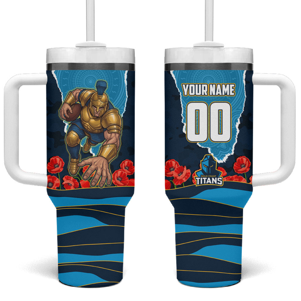 Personalized Gold Coast Titans ANZAC Tribute Tumbler With Handle Poppy Field Soldier Silhouette Aboriginal Rugby Mascot