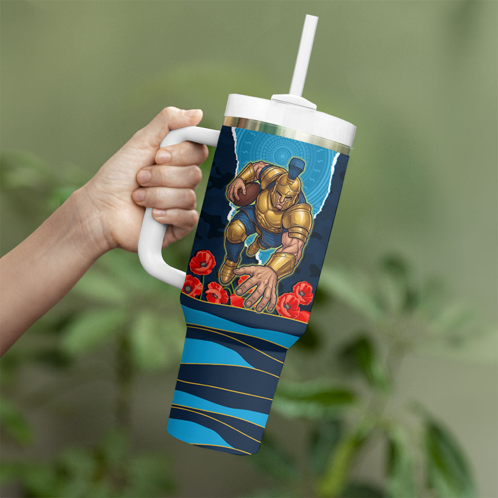 Personalized Gold Coast Titans ANZAC Tribute Tumbler With Handle Poppy Field Soldier Silhouette Aboriginal Rugby Mascot