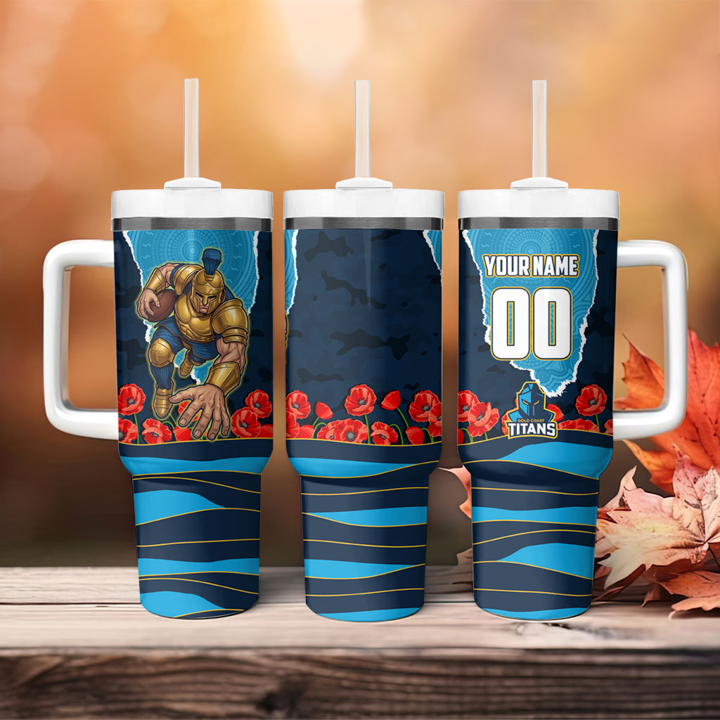 Personalized Gold Coast Titans ANZAC Tribute Tumbler With Handle Poppy Field Soldier Silhouette Aboriginal Rugby Mascot