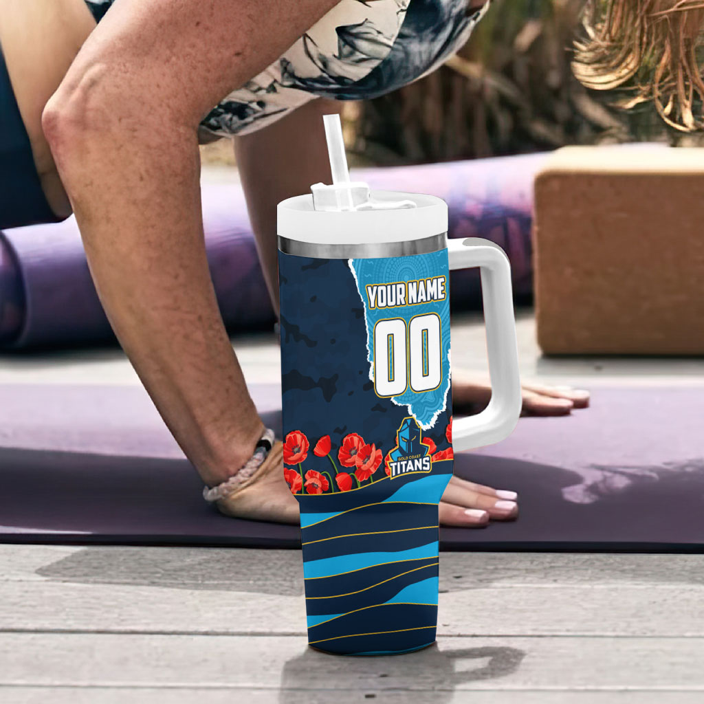 Personalized Gold Coast Titans ANZAC Tribute Tumbler With Handle Poppy Field Soldier Silhouette Aboriginal Rugby Mascot