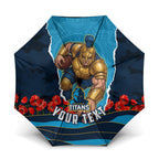 Personalized Gold Coast Titans ANZAC Tribute Umbrella Poppy Field Soldier Silhouette Aboriginal Rugby Mascot