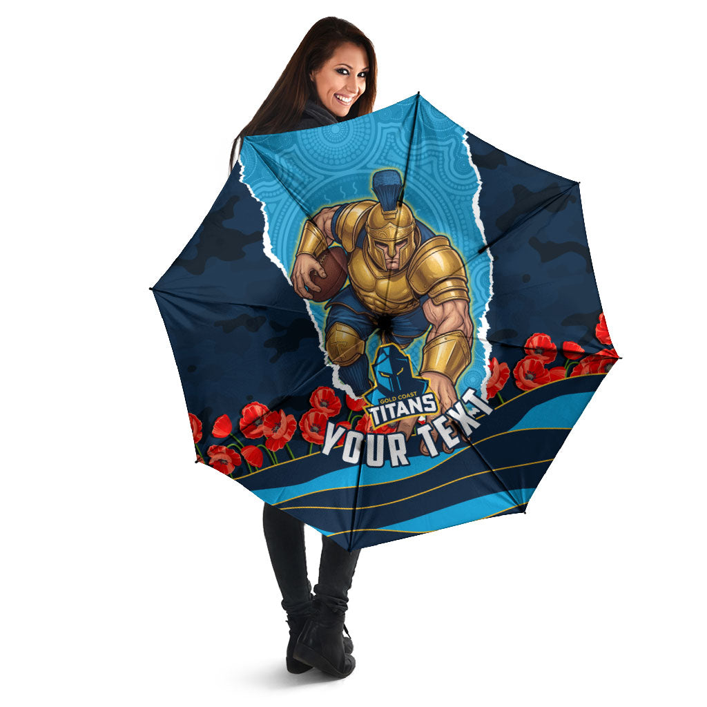 Personalized Gold Coast Titans ANZAC Tribute Umbrella Poppy Field Soldier Silhouette Aboriginal Rugby Mascot