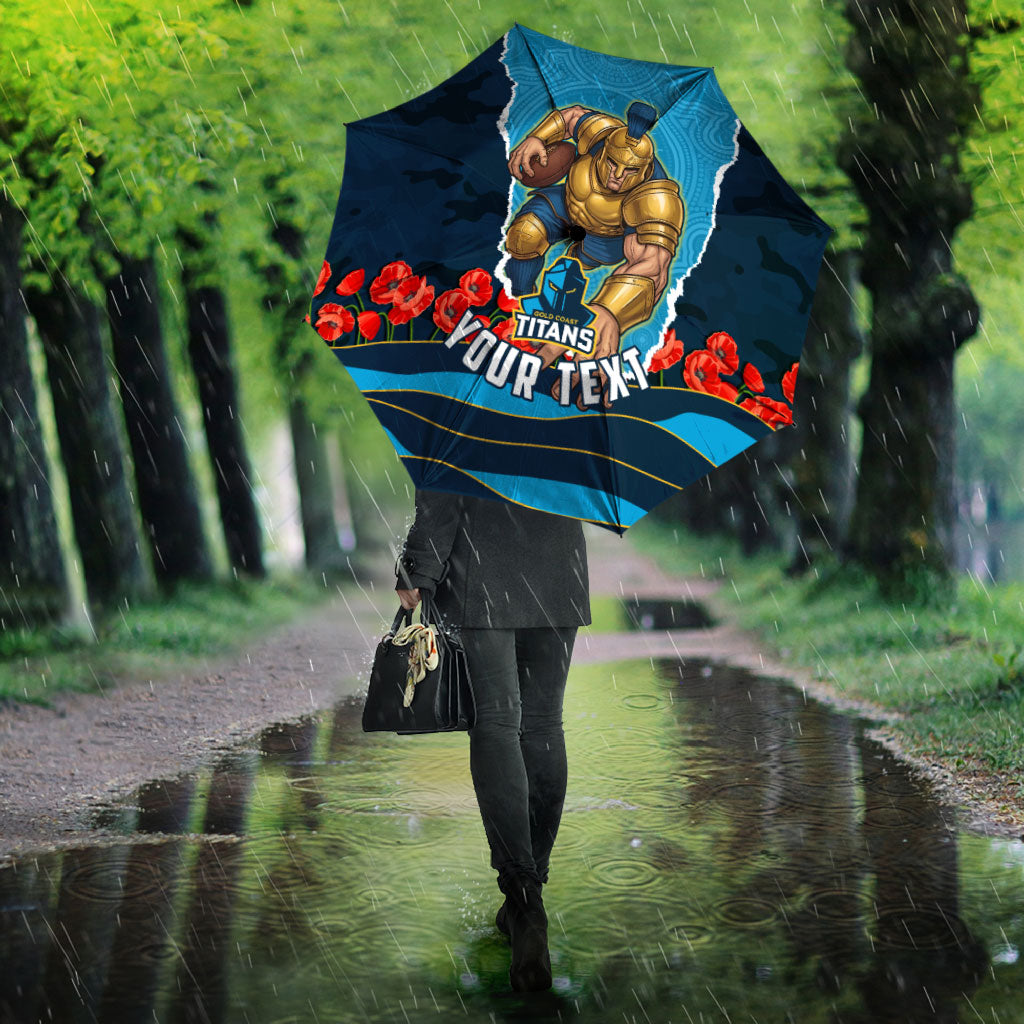 Personalized Gold Coast Titans ANZAC Tribute Umbrella Poppy Field Soldier Silhouette Aboriginal Rugby Mascot