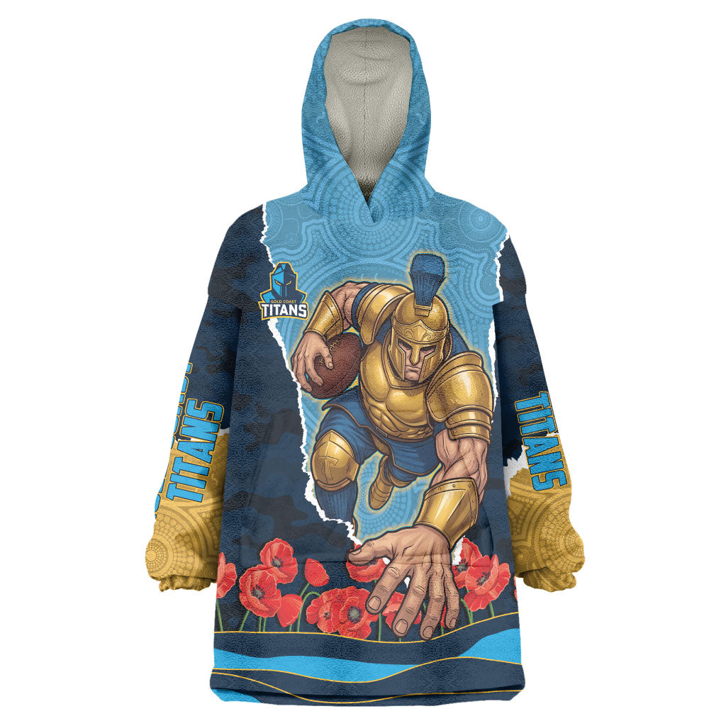 Personalized Gold Coast Titans ANZAC Tribute Wearable Blanket Hoodie Poppy Field Soldier Silhouette Aboriginal Rugby Mascot