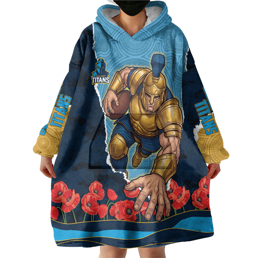 Personalized Gold Coast Titans ANZAC Tribute Wearable Blanket Hoodie Poppy Field Soldier Silhouette Aboriginal Rugby Mascot
