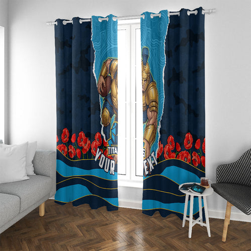 Personalized Gold Coast Titans ANZAC Tribute Window Curtain Poppy Field Soldier Silhouette Aboriginal Rugby Mascot