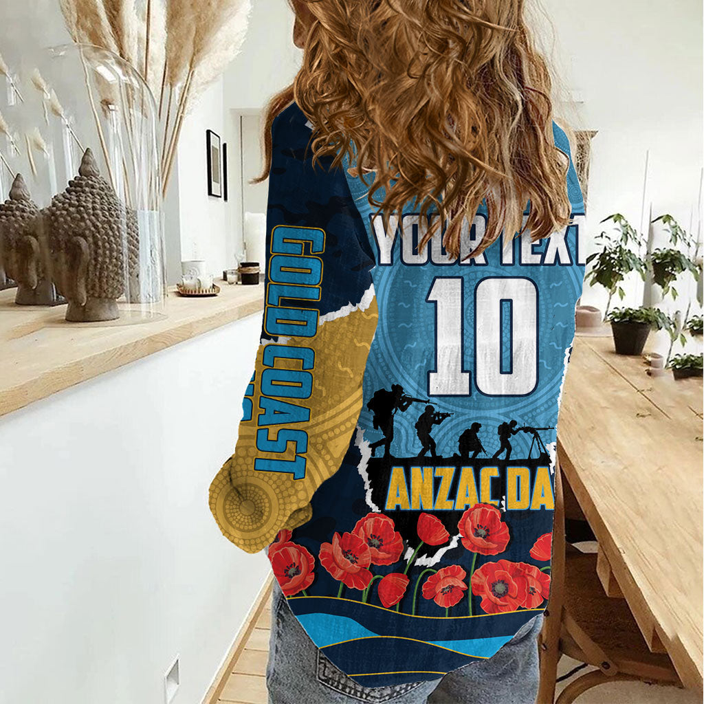 Personalized Gold Coast Titans ANZAC Tribute Women Casual Shirt Poppy Field Soldier Silhouette Aboriginal Rugby Mascot
