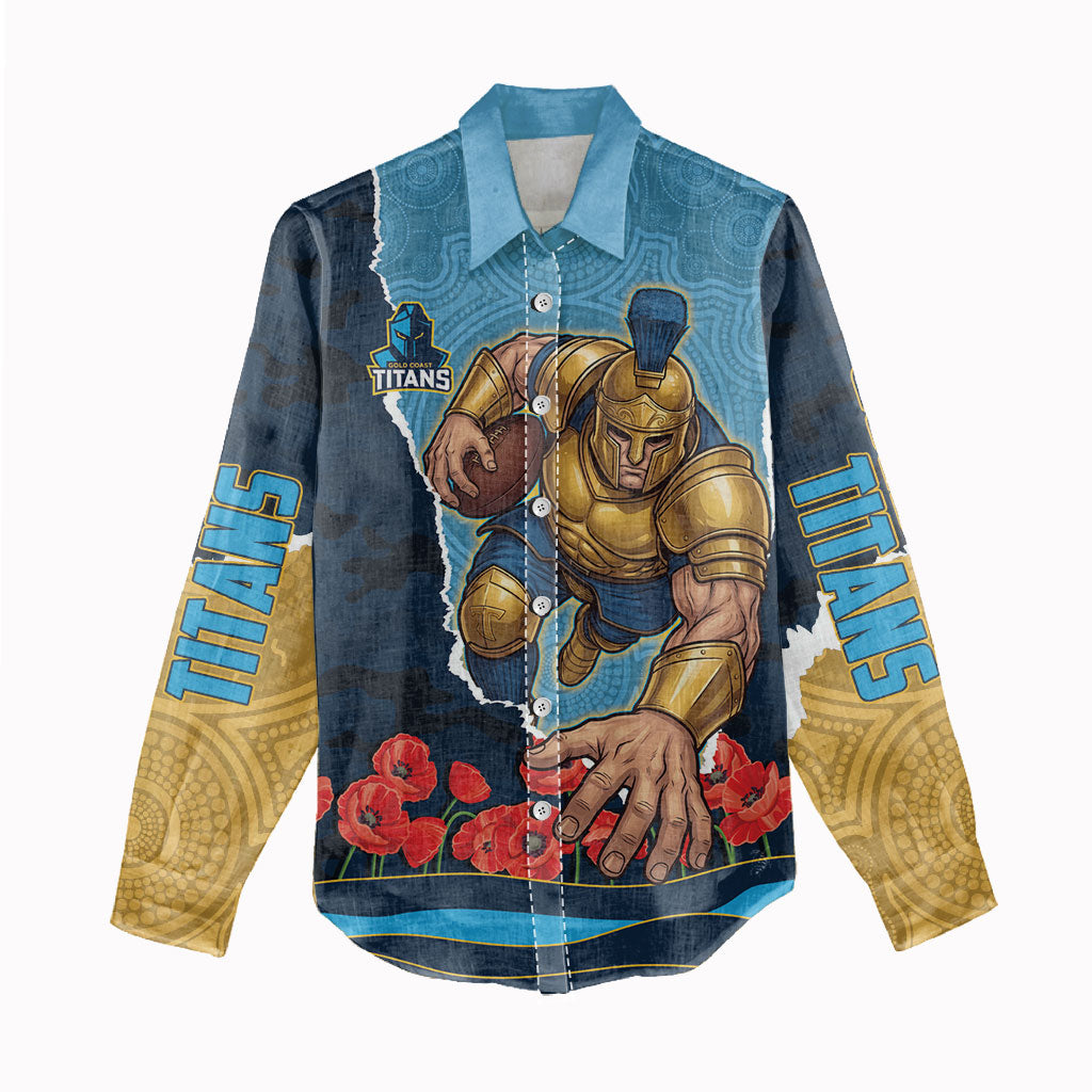 Personalized Gold Coast Titans ANZAC Tribute Women Casual Shirt Poppy Field Soldier Silhouette Aboriginal Rugby Mascot