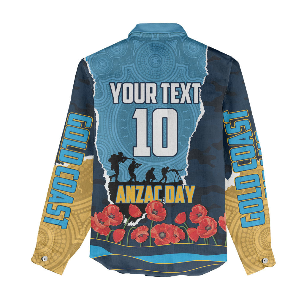 Personalized Gold Coast Titans ANZAC Tribute Women Casual Shirt Poppy Field Soldier Silhouette Aboriginal Rugby Mascot