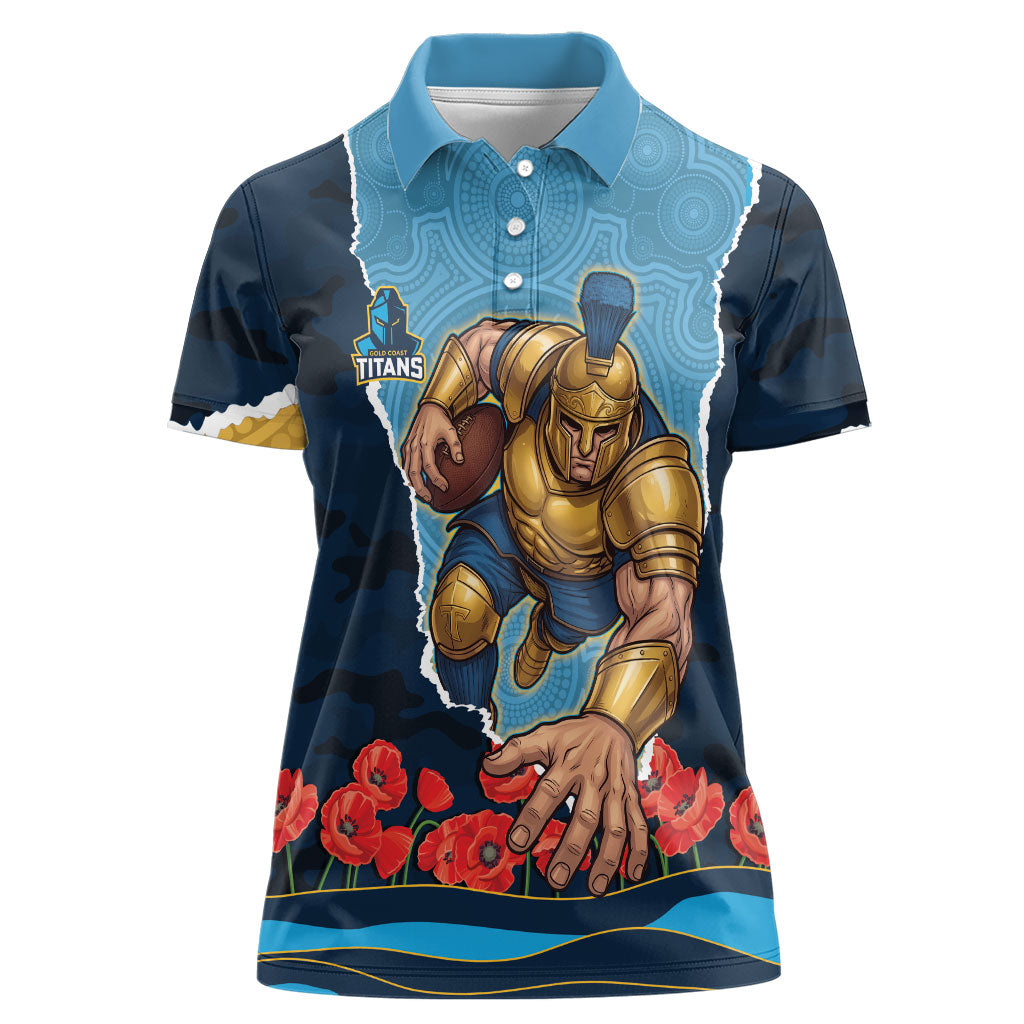 Personalized Gold Coast Titans ANZAC Tribute Women Polo Shirt Poppy Field Soldier Silhouette Aboriginal Rugby Mascot