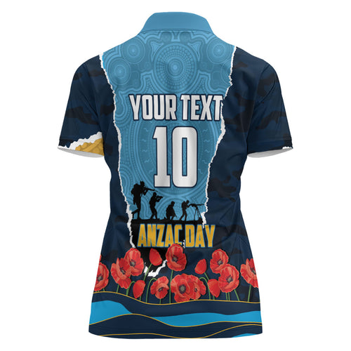 Personalized Gold Coast Titans ANZAC Tribute Women Polo Shirt Poppy Field Soldier Silhouette Aboriginal Rugby Mascot