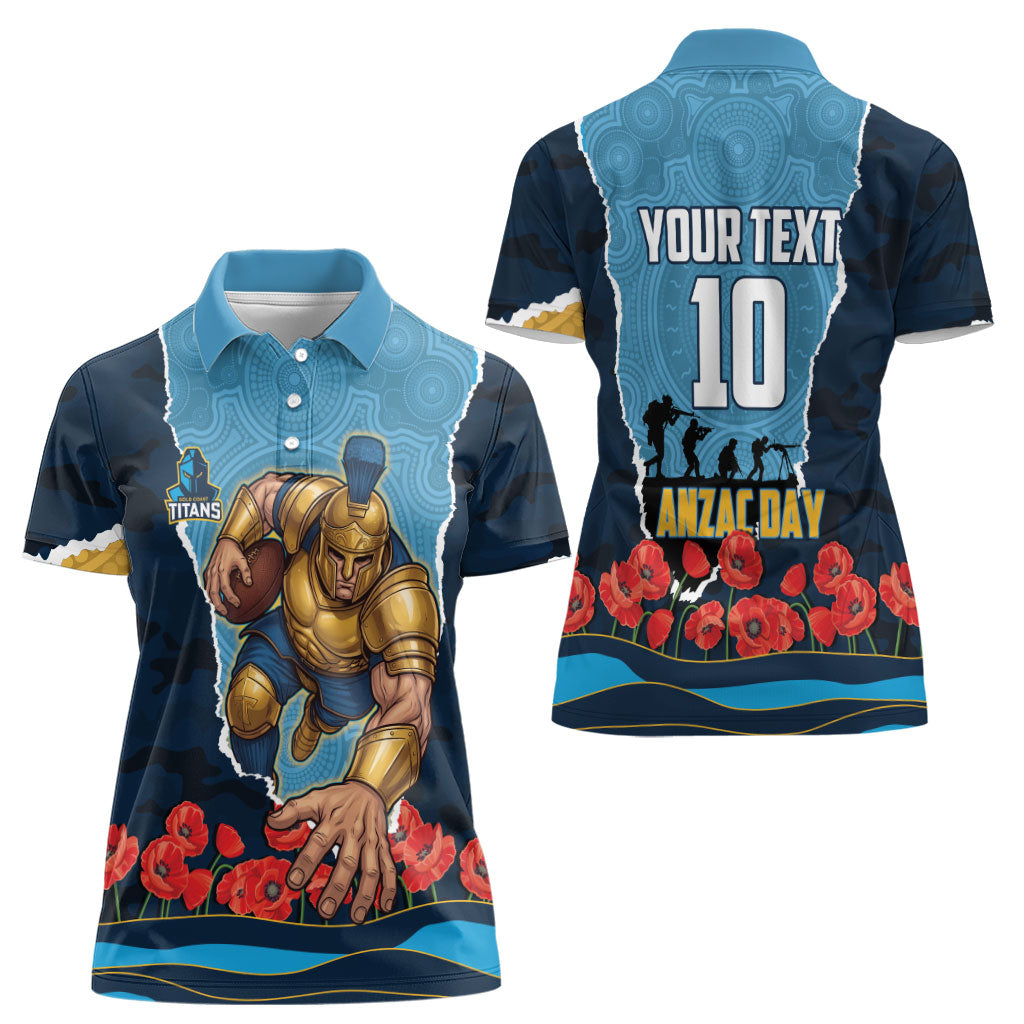 Personalized Gold Coast Titans ANZAC Tribute Women Polo Shirt Poppy Field Soldier Silhouette Aboriginal Rugby Mascot