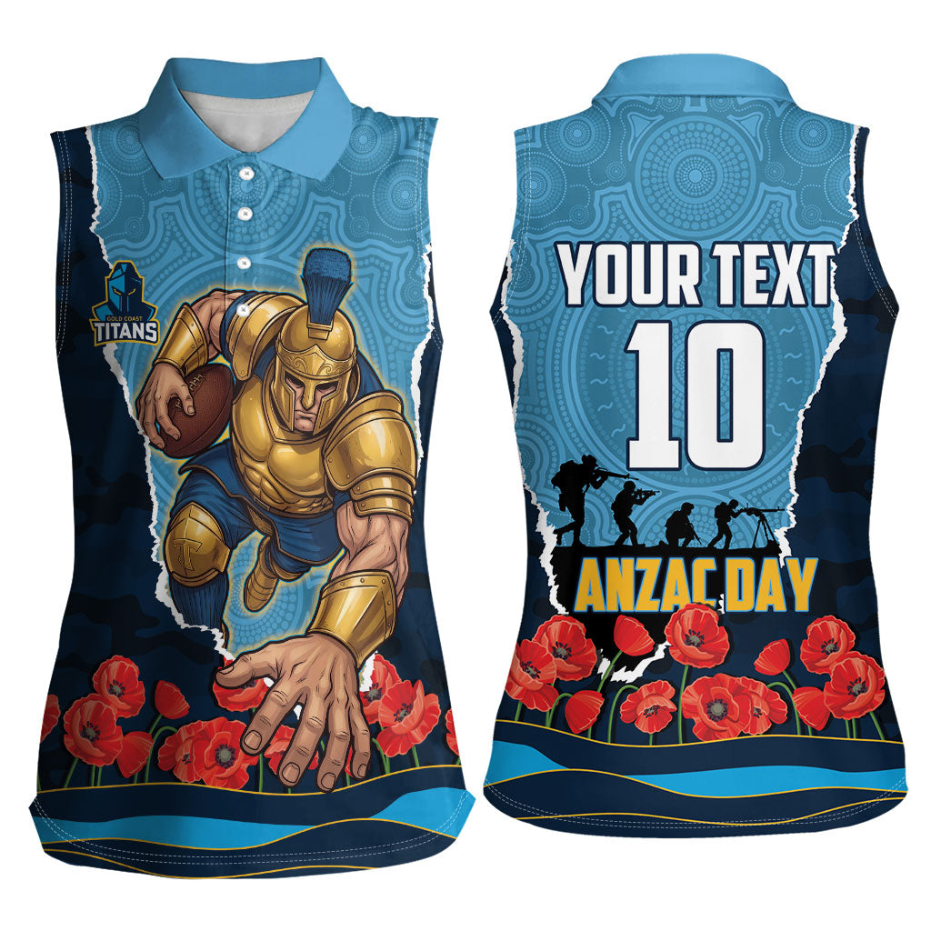 Personalized Gold Coast Titans ANZAC Tribute Women Sleeveless Polo Shirt Poppy Field Soldier Silhouette Aboriginal Rugby Mascot