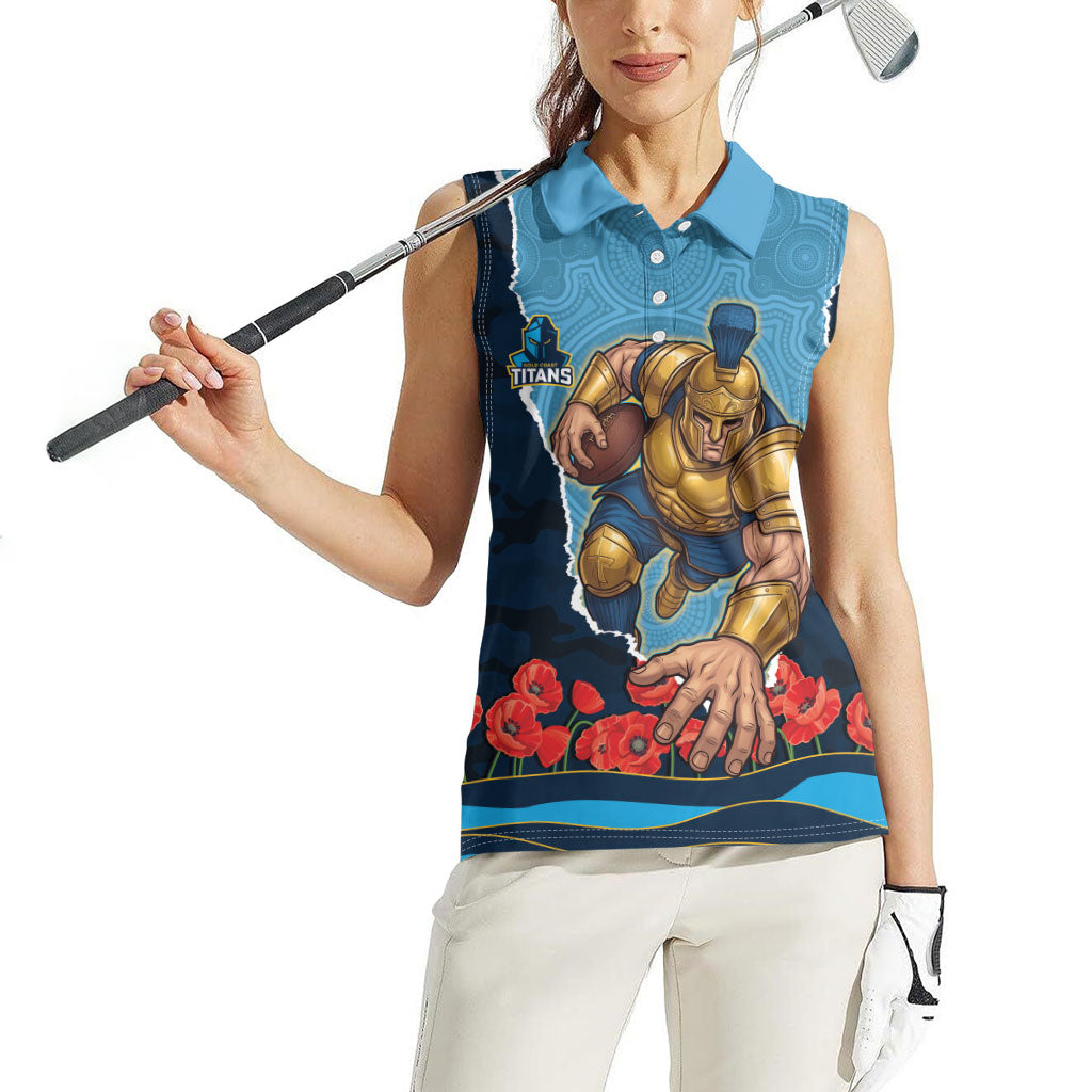 Personalized Gold Coast Titans ANZAC Tribute Women Sleeveless Polo Shirt Poppy Field Soldier Silhouette Aboriginal Rugby Mascot