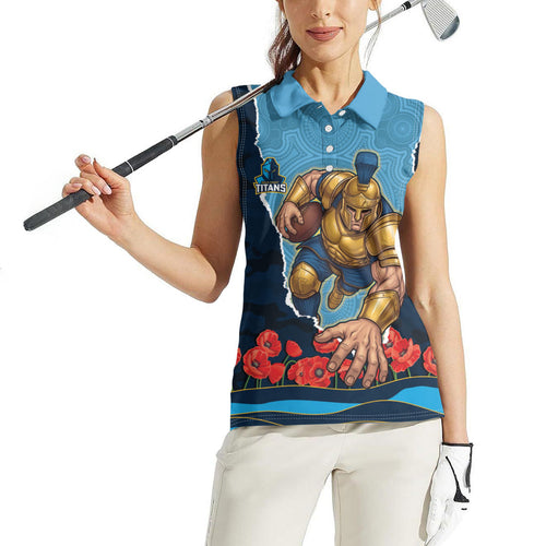 Personalized Gold Coast Titans ANZAC Tribute Women Sleeveless Polo Shirt Poppy Field Soldier Silhouette Aboriginal Rugby Mascot